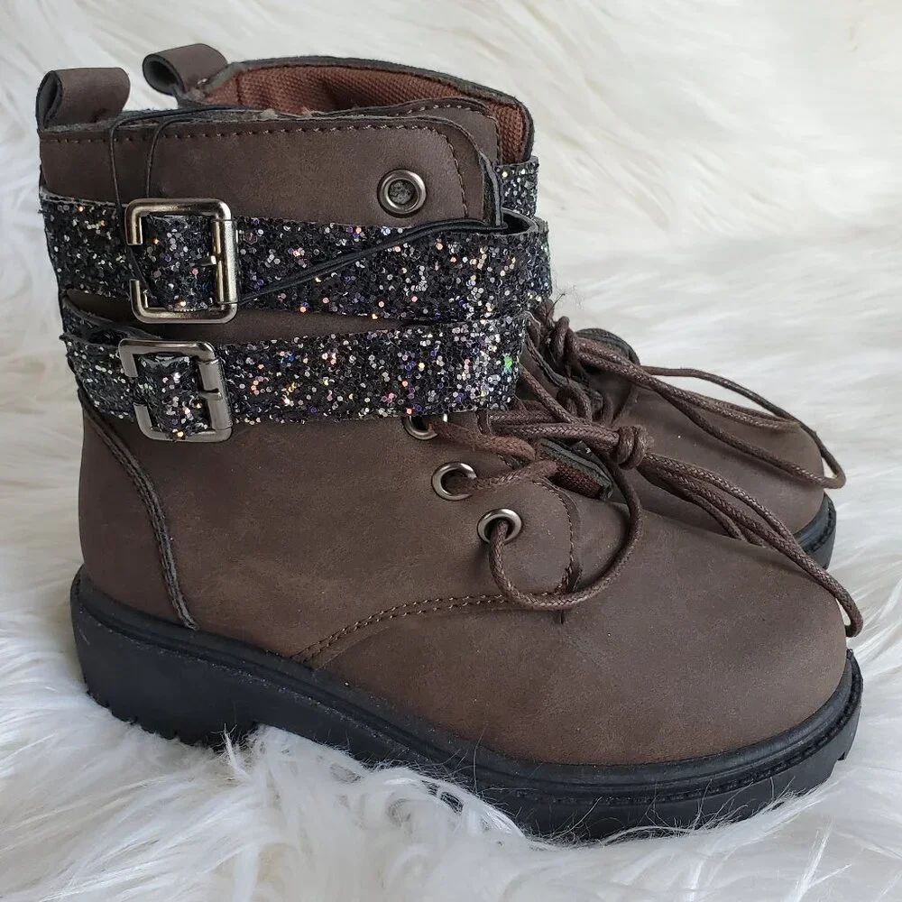 Blue Girls' Brown Glitter Strap Zip Lace Boots SZ 8
